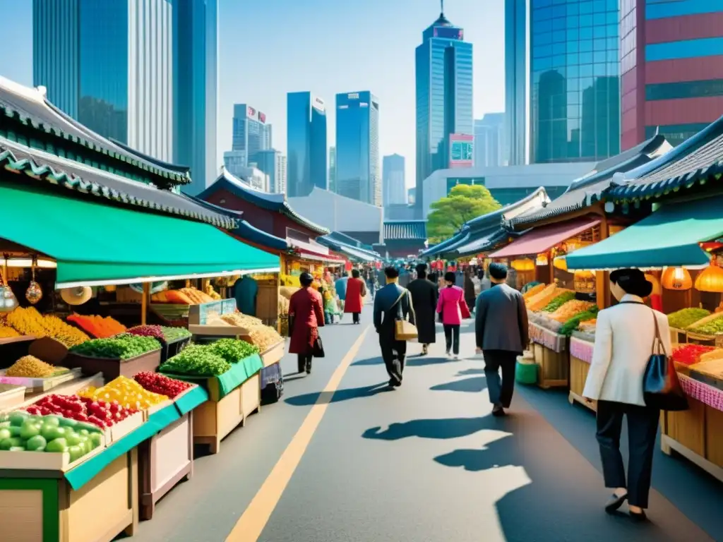 Imagen de un bullicioso mercado callejero en Seúl, Corea del Sur, con una fusión de elementos tradicionales y modernos