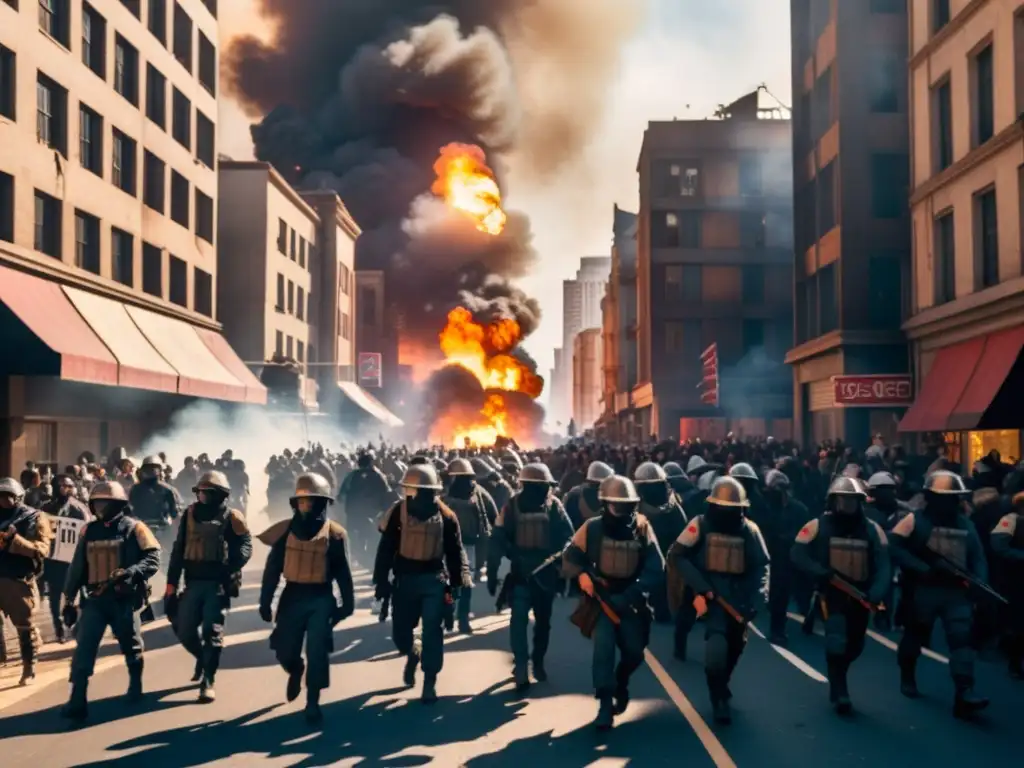 Imagen de una calle caótica en un ambiente distópico, con manifestantes y guardias, evocando animes transgresores que rompieron esquemas