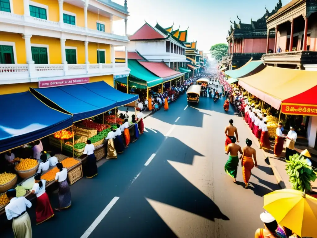 Imagen de calle vibrante en Phnom Penh, con festival cultural, bailes tradicionales y vendedores locales