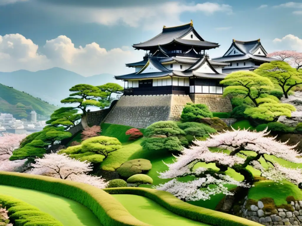 Imagen de un castillo feudal japonés rodeado de naturaleza exuberante y cerezos en flor, transmitiendo la jerarquía del poder en Japón feudal