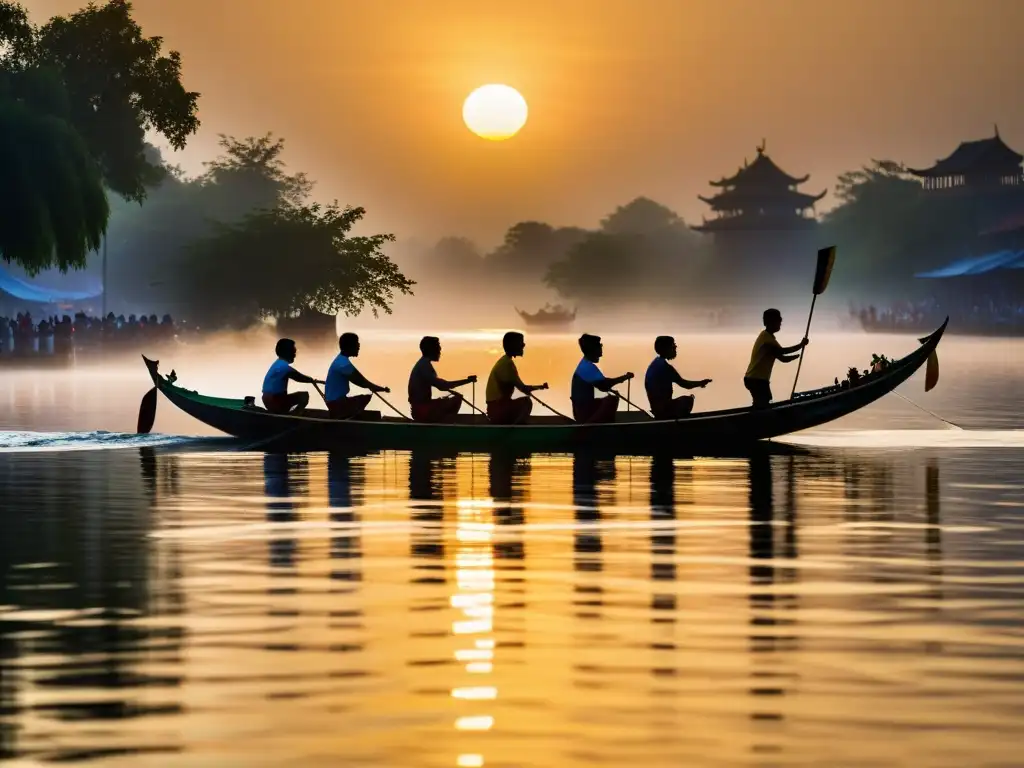 Imagen de celebraciones auténticas en Asia al amanecer: barcos adornados y remadores concentrados en un festival de dragones en la niebla del río