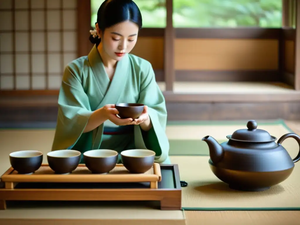 Imagen de ceremonia del té coreana en un templo tranquilo, con detalles de la vajilla y movimientos elegantes