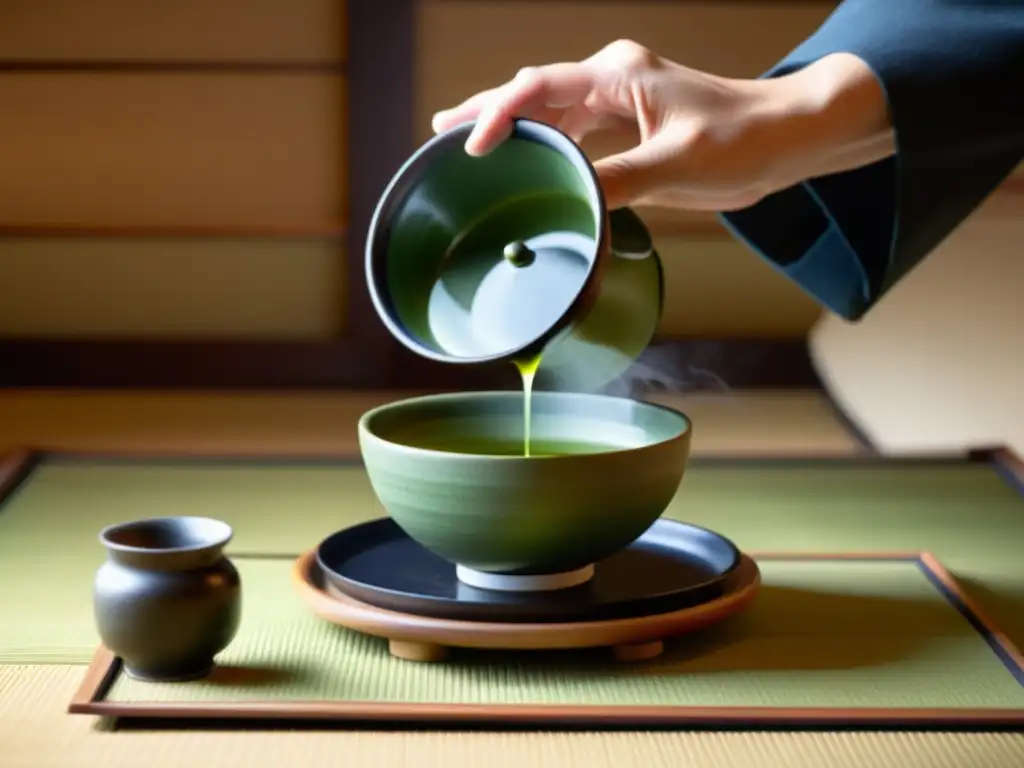 Imagen de una ceremonia del té japonés con movimientos precisos, luz suave y delicadeza