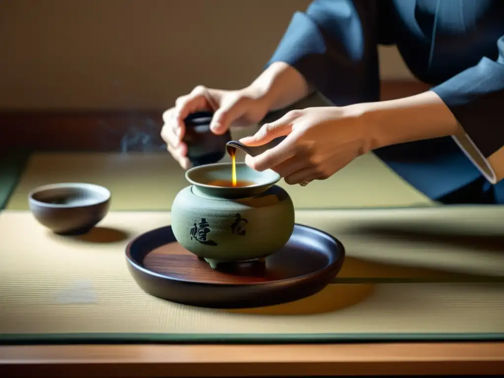 Imagen de una ceremonia del té japonesa, con una atmósfera serena y minimalista