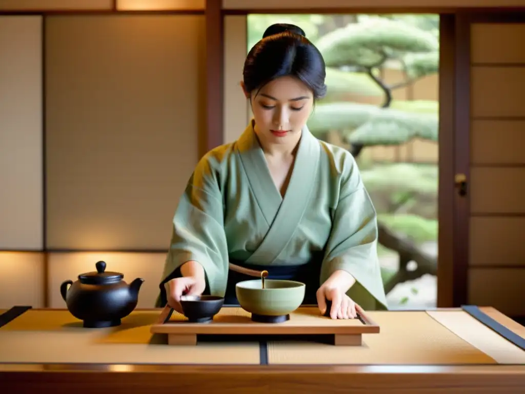 La imagen muestra una ceremonia del té japonesa con una atmósfera serena y armoniosa, evocando la elegancia de la negociación samurái en la diplomacia