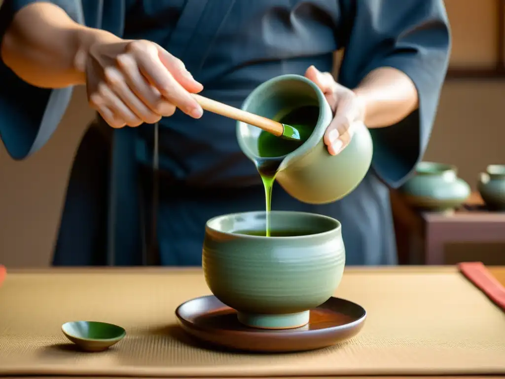 Una imagen de una ceremonia del té japonesa, con una estética minimalista y una atmósfera serena que refleja la filosofía de la cosmética japonesa