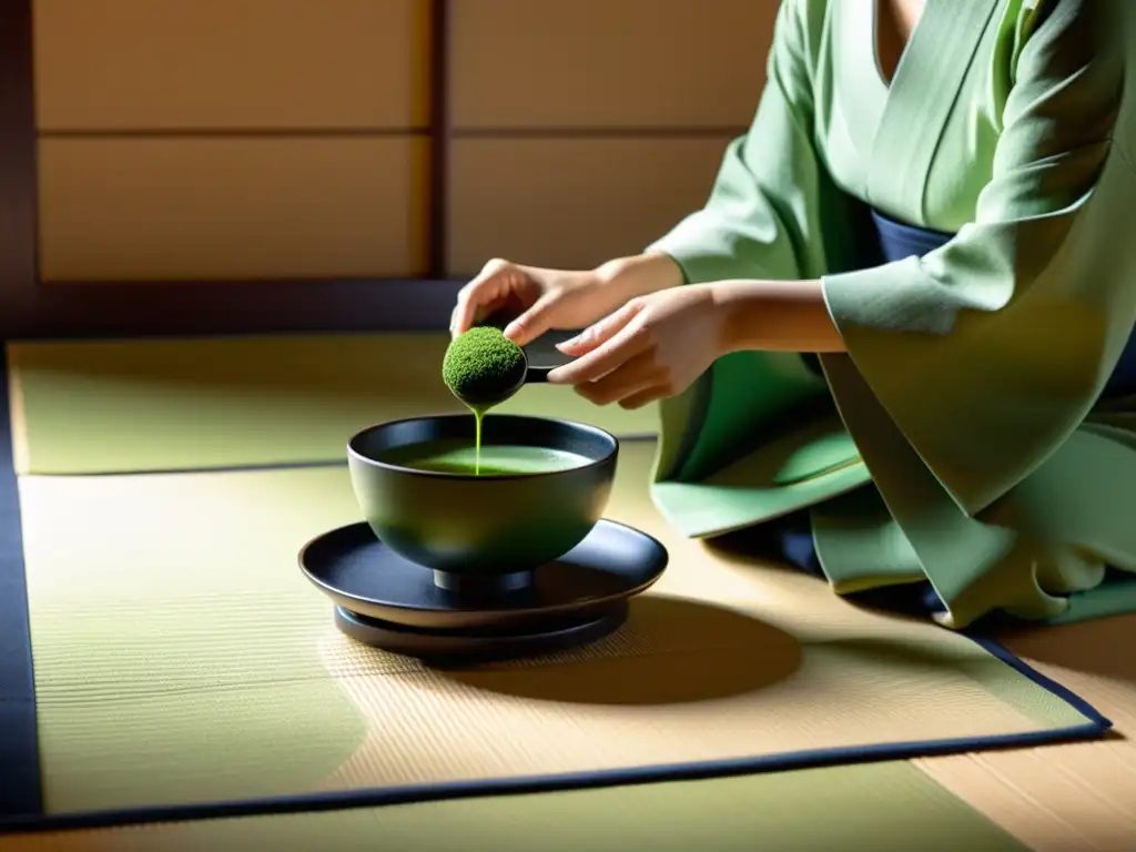 Imagen 8k de una ceremonia del té japonesa con kimono y matcha, reflejando la serena atmósfera del cine asiático nominados Óscar