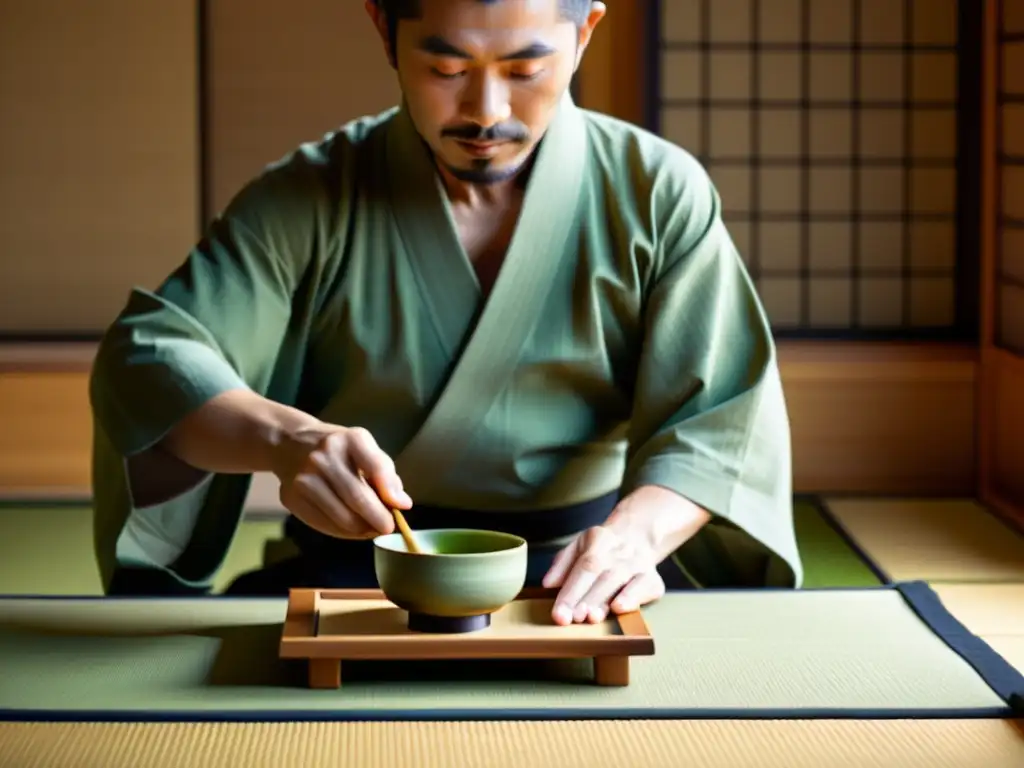 Imagen de una ceremonia del té japonesa zen en una habitación tatami, con movimientos precisos y ambiente sereno