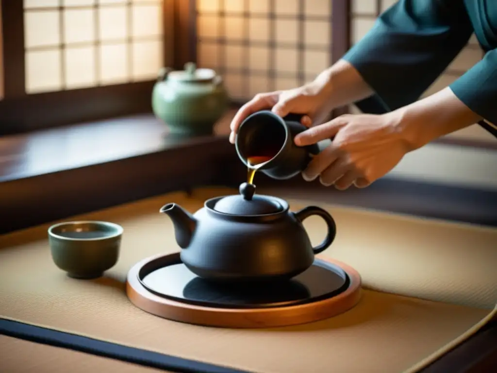 Imagen de una ceremonia del té japonesa tradicional, con una atmósfera serena y reducción de estrés moderno