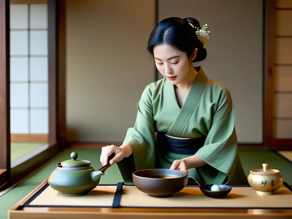 Imagen de una ceremonia del té japonesa tradicional, con movimientos meticulosos y expertos