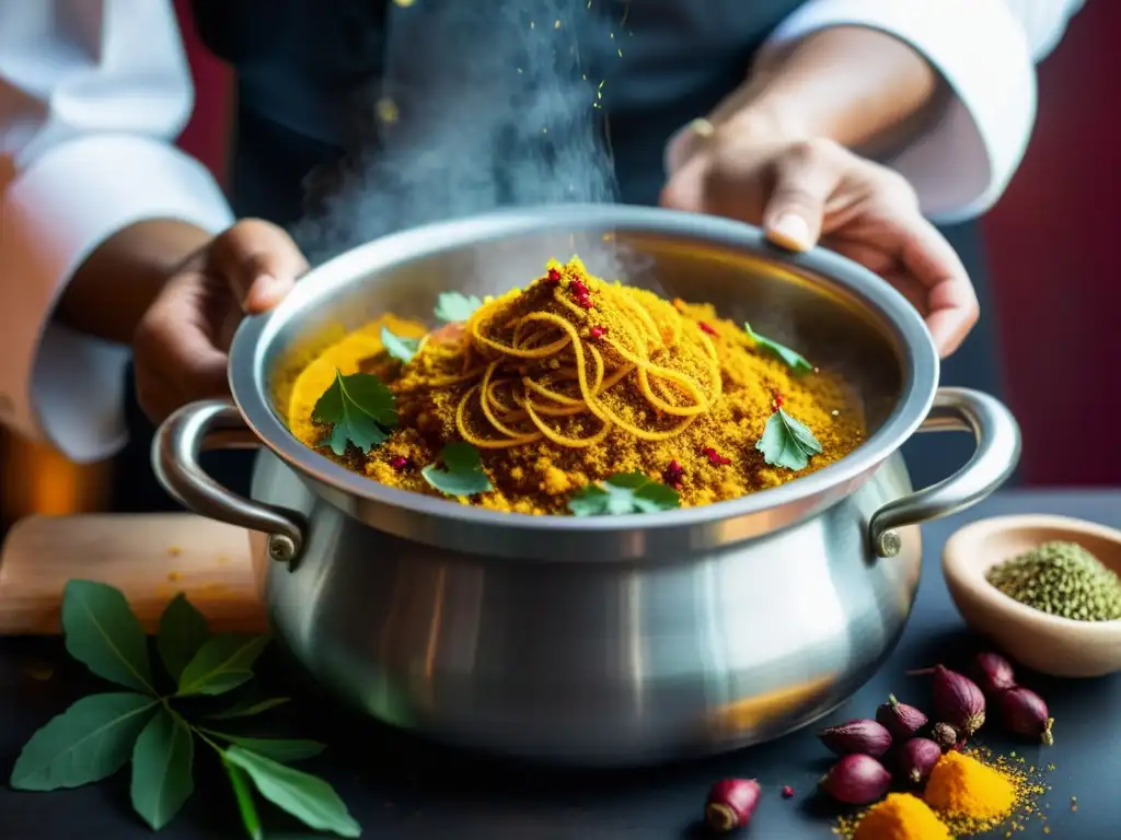 Imagen de un chef esparciendo azafrán en un curry aromático, revelando los ingredientes secretos de restaurantes estrella Michelin