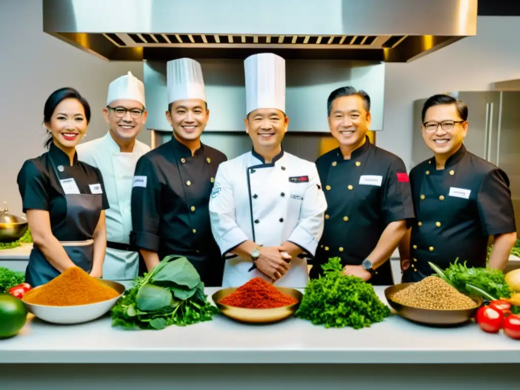 Imagen de chefs más influyentes de Asia en cocina moderna, intercambiando ideas y mostrando diversidad culinaria en vibrante atmósfera