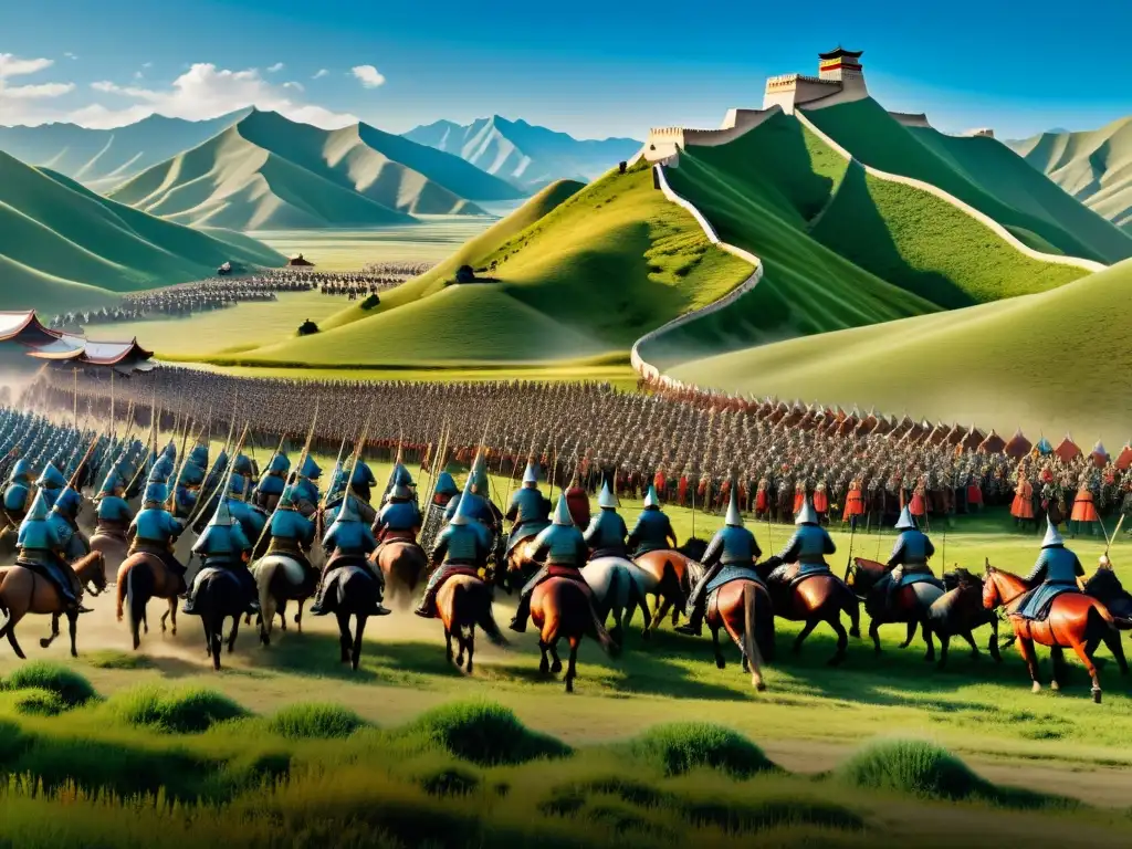 La imagen muestra la Conquista de los mongoles en China con su vasto ejército avanzando a caballo por el paisaje, capturando la tensión histórica