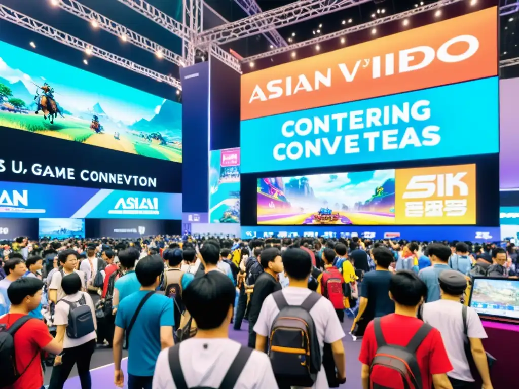 Imagen 8k de convención de videojuegos en Asia, destacando el valor cultural de los videojuegos asiáticos con demostraciones interactivas y cosplayers coloridos