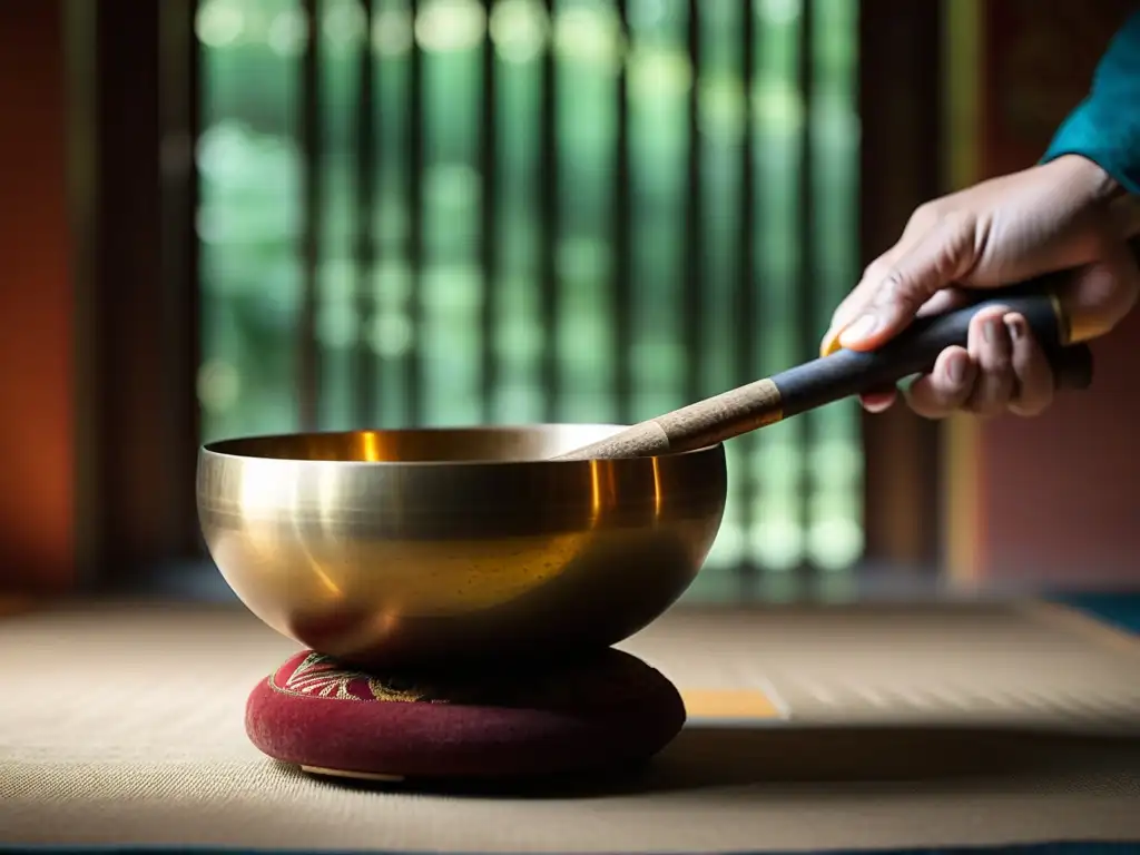 Imagen de un cuenco tibetano siendo golpeado, mostrando su significado gongs campanas música budista en un espacio de meditación sereno y tenue