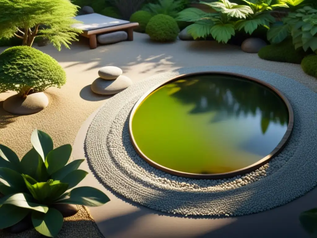 Imagen de un jardín zen meticulosamente cuidado, con patrones de grava, rocas y vegetación alrededor de un estanque tranquilo