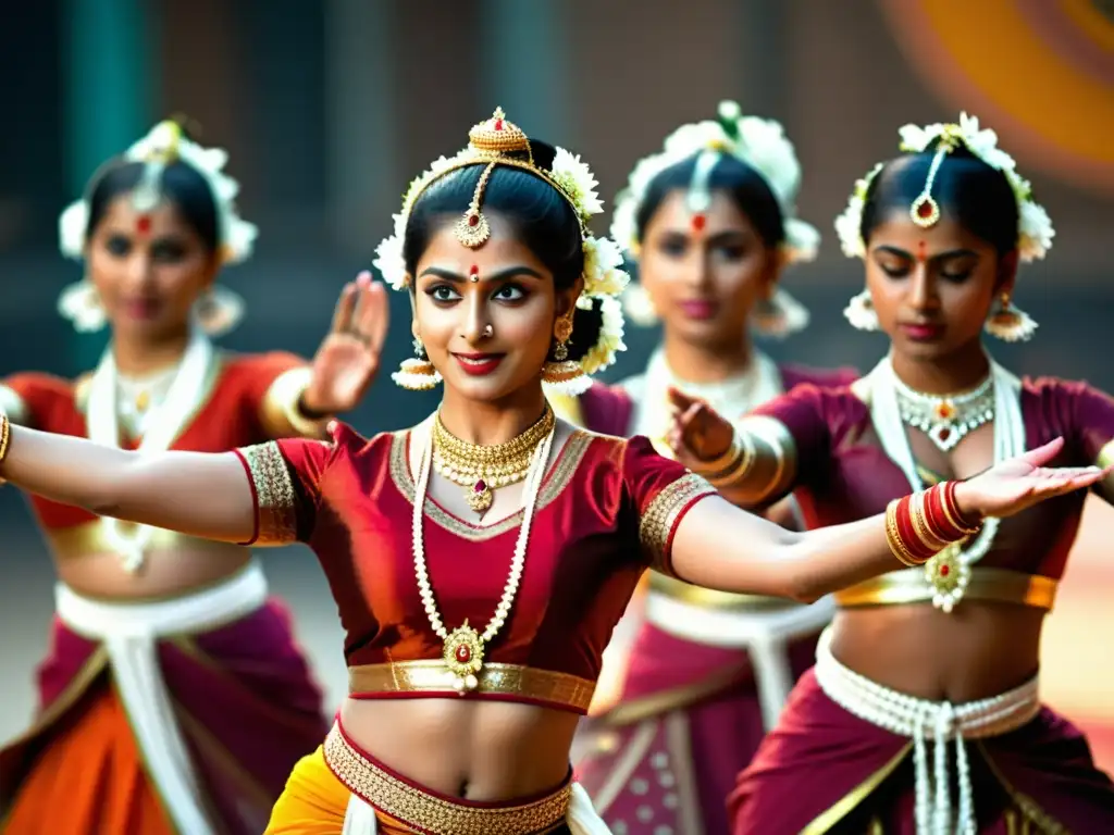 Imagen de danza tradicional india con gestos y vestuario vibrante que destaca la belleza y el arte en películas indias