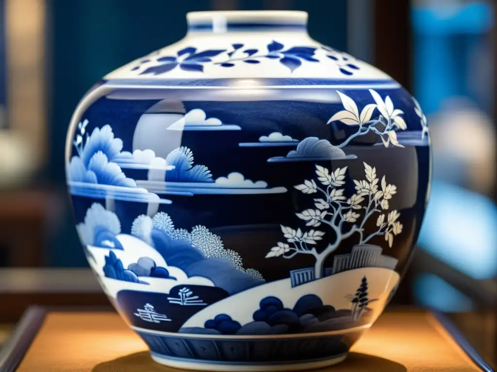 Imagen de una delicada antigua vasija china de porcelana, con diseños azules y blancos pintados a mano que retratan escenas tradicionales