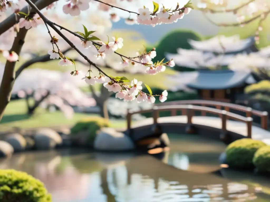 Imagen de alta resolución de delicados pétalos rosados de sakura en plena floración, con luz suave entre las ramas