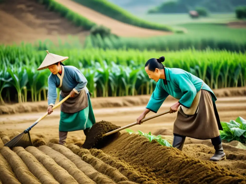 Imagen detallada de agricultores chinos aplicando fertilizantes orgánicos en campos tradicionales, mostrando métodos antiguos