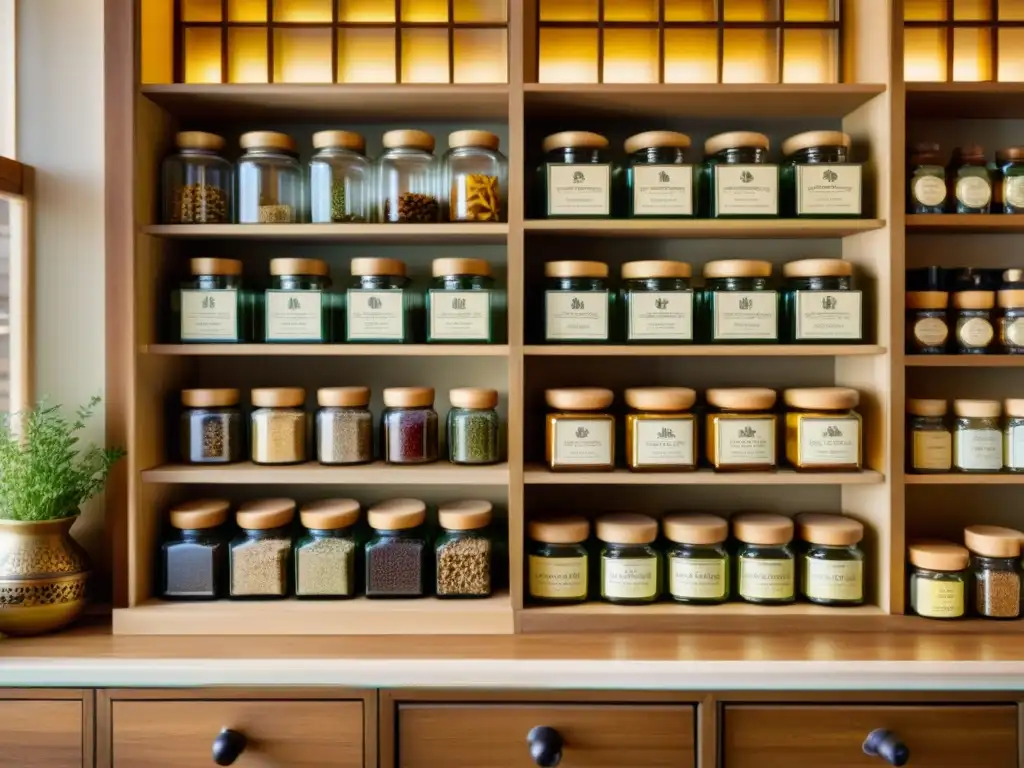 Artesanía halal asiática: apotecario tradicional con ingredientes naturales Imagen detallada de una antigua botica asiática con ingredientes naturales para cosmética halal asiática