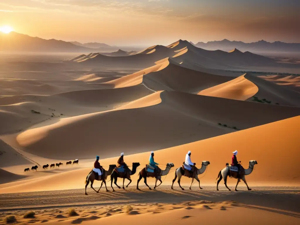 Una imagen detallada de la antigua Ruta de la Seda, con caravanas de camellos y comerciantes recorriendo el desierto al atardecer