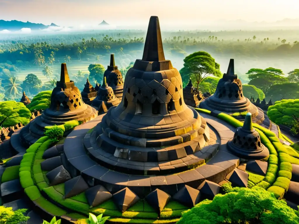 Imagen detallada del antiguo complejo del templo budista de Borobudur en Indonesia, fusionando influencias artísticas indias y javanesas