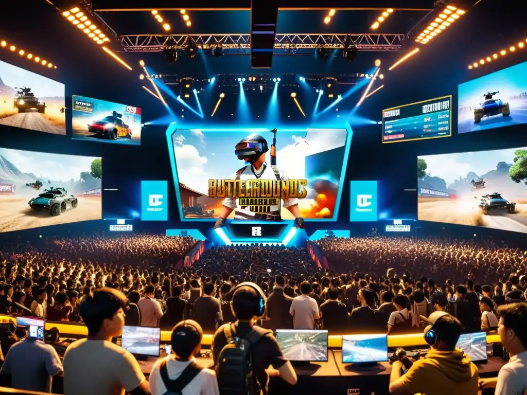 Imagen detallada de un bullicioso estadio de esports en Asia, fans entusiastas vistiendo mercancía de PUBG animando a sus equipos favoritos