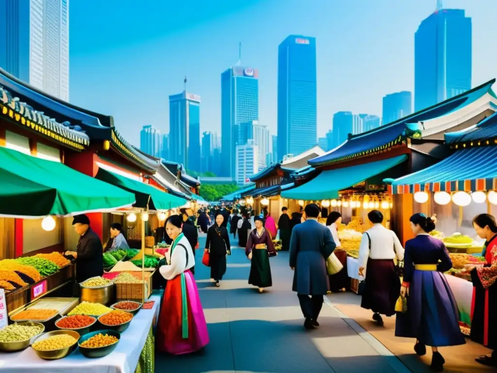 Una imagen detallada muestra un bullicioso mercado callejero en Seúl, Corea del Sur