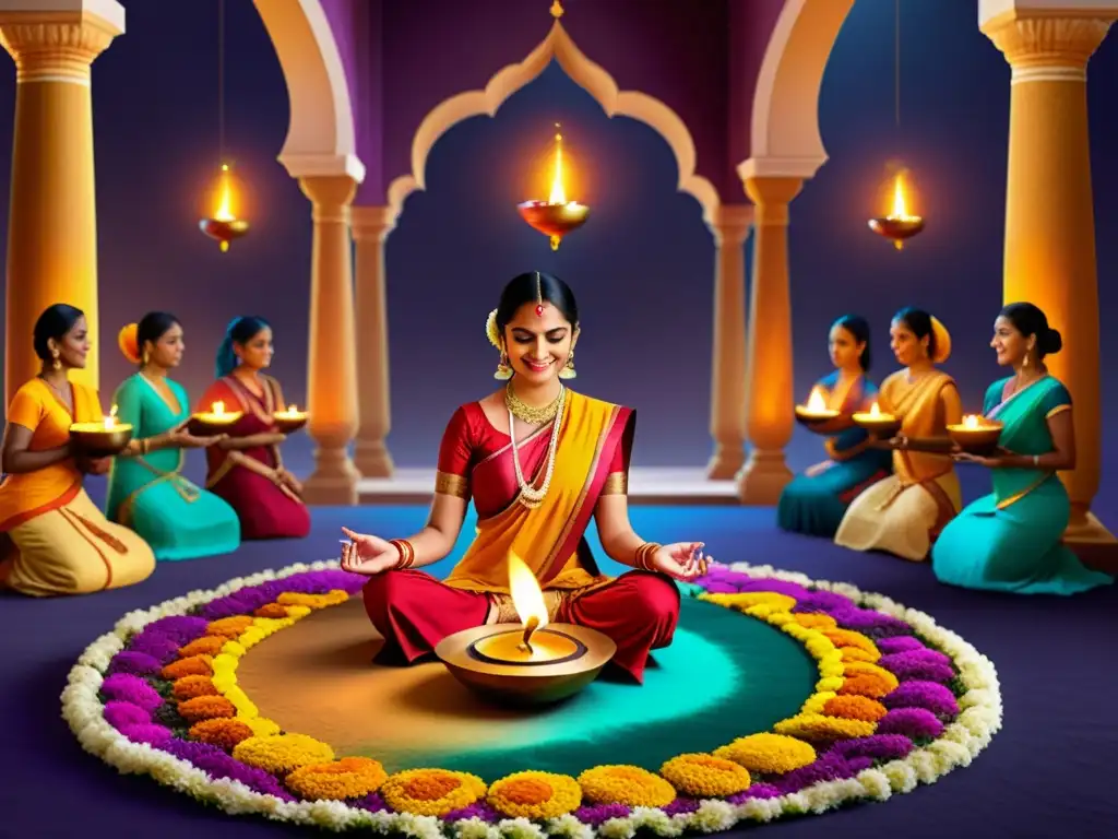 Imagen detallada de una celebración de Diwali con realidad virtual, integrando tradiciones asiáticas y tecnología para una experiencia inmersiva