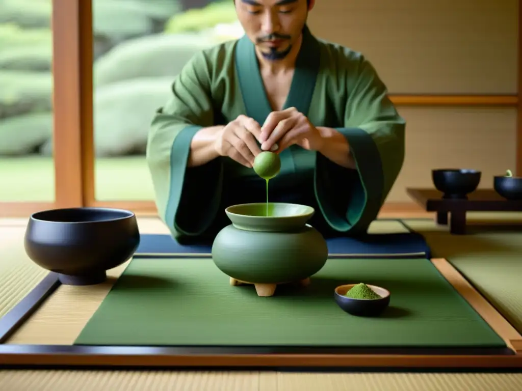 Imagen detallada de una ceremonia del té japonés en una habitación minimalista, resaltando la filosofía de la cosmética japonesa minimalista