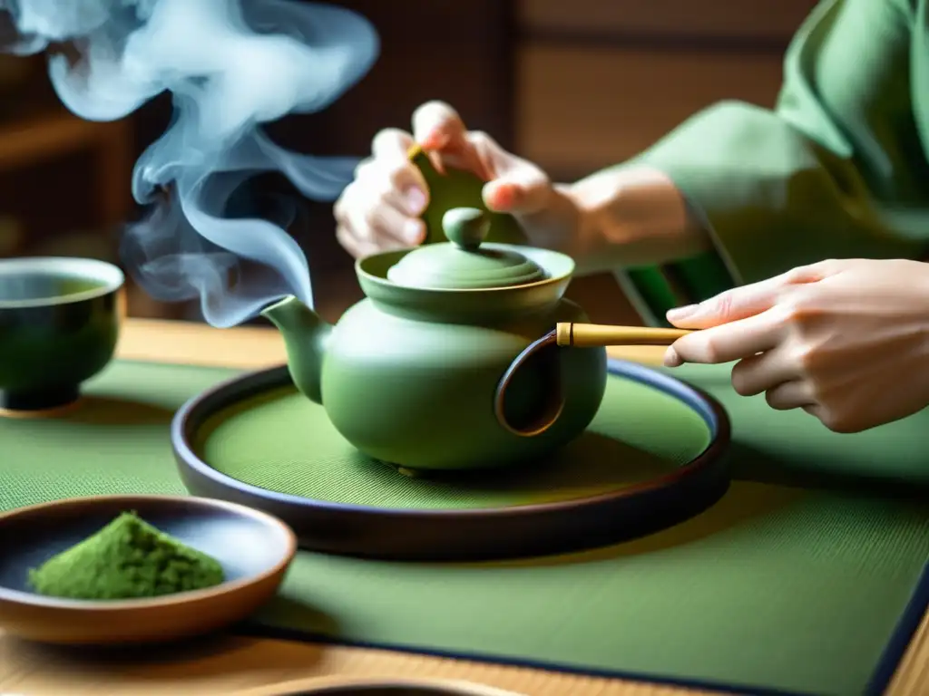 Imagen detallada de una ceremonia del té japonés, con un enfoque en la preparación meticulosa del té verde y los movimientos serenos del maestro