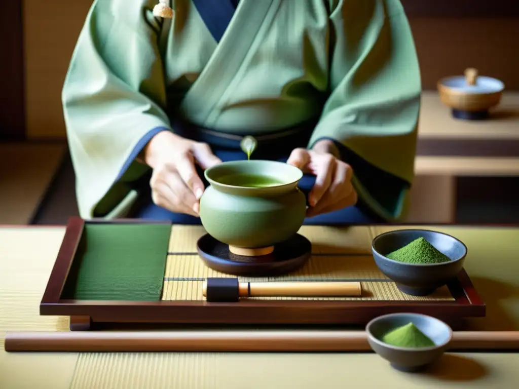 Imagen detallada de una ceremonia del té japonés, con un maestro preparando matcha con precisión y concentración