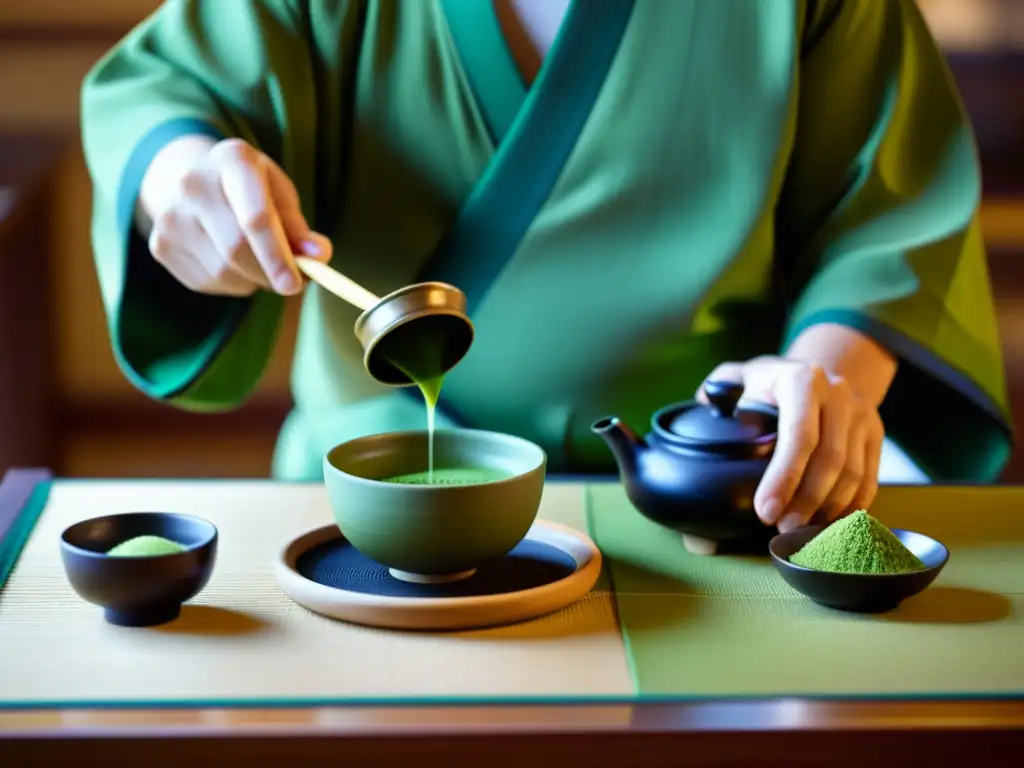 Imagen detallada de una ceremonia del té japonés, destacando la elegancia del maestro del té al preparar y servir matcha