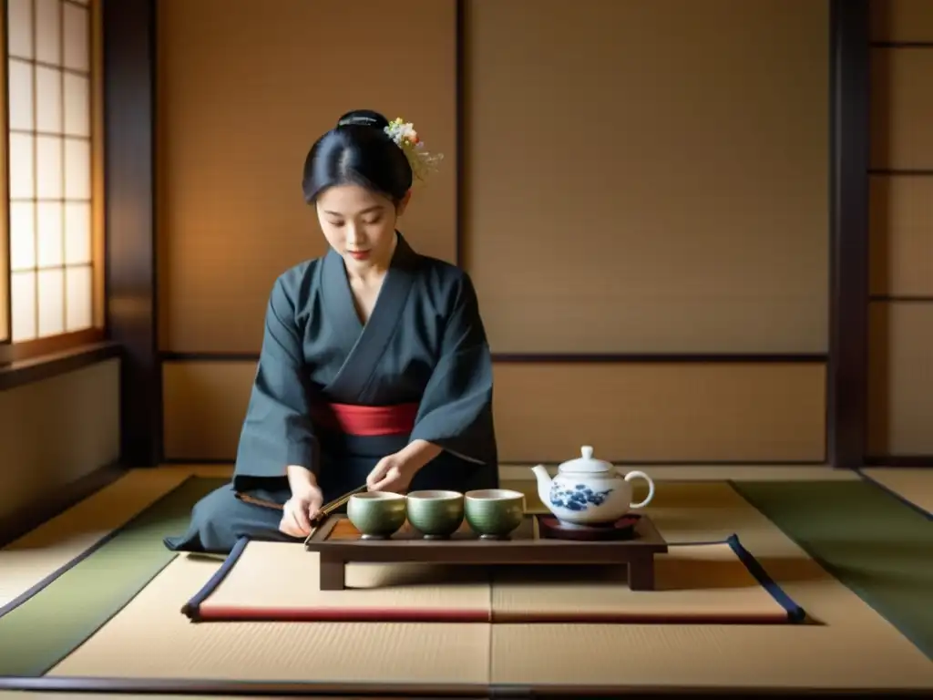 Imagen 8k detallada de una ceremonia de té japonesa tradicional, con movimientos intrincados del maestro