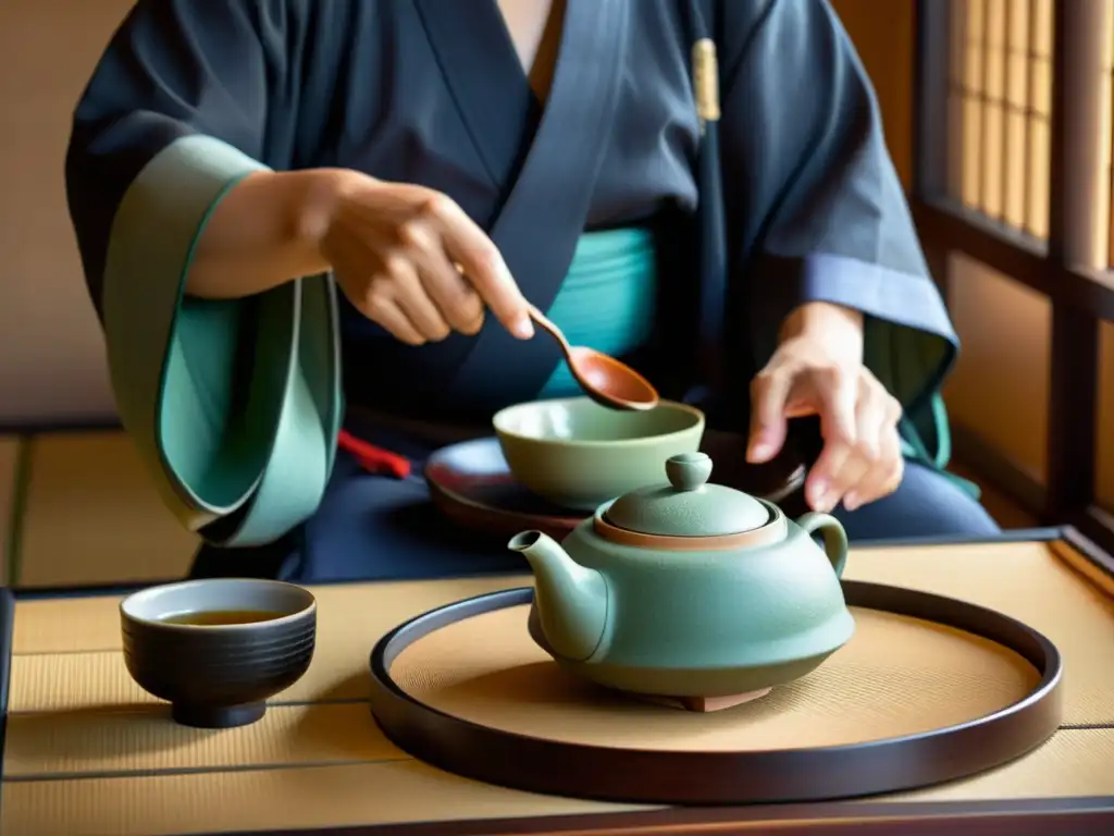 Imagen detallada de una ceremonia del té japonesa, resaltando la precisión de los utensilios y la concentración serena del maestro del té