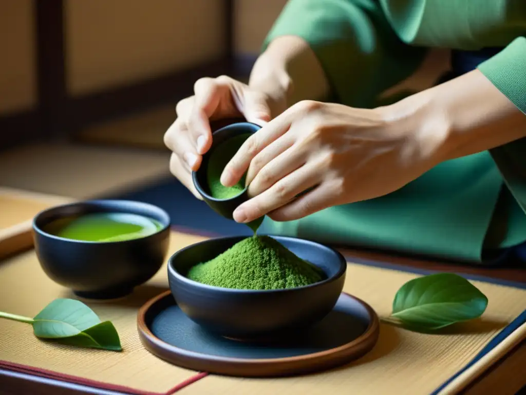 Imagen detallada de una ceremonia del té japonesa, reflejando la elegancia y serenidad de la preparación del matcha