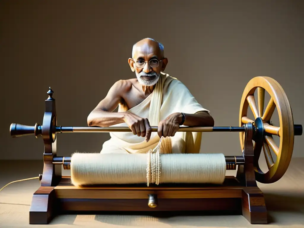 Imagen detallada de Mahatma Gandhi hilando khadi en un charkha, mostrando la esencia de la tela khadi y su papel en la libertad y moda de la India