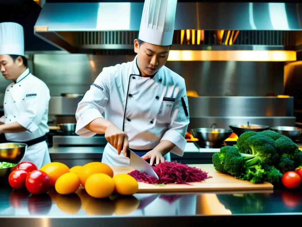 Una imagen detallada de la cocina de un afamado restaurante asiático con estrellas Michelin, mostrando chefs expertos y técnicas innovadoras