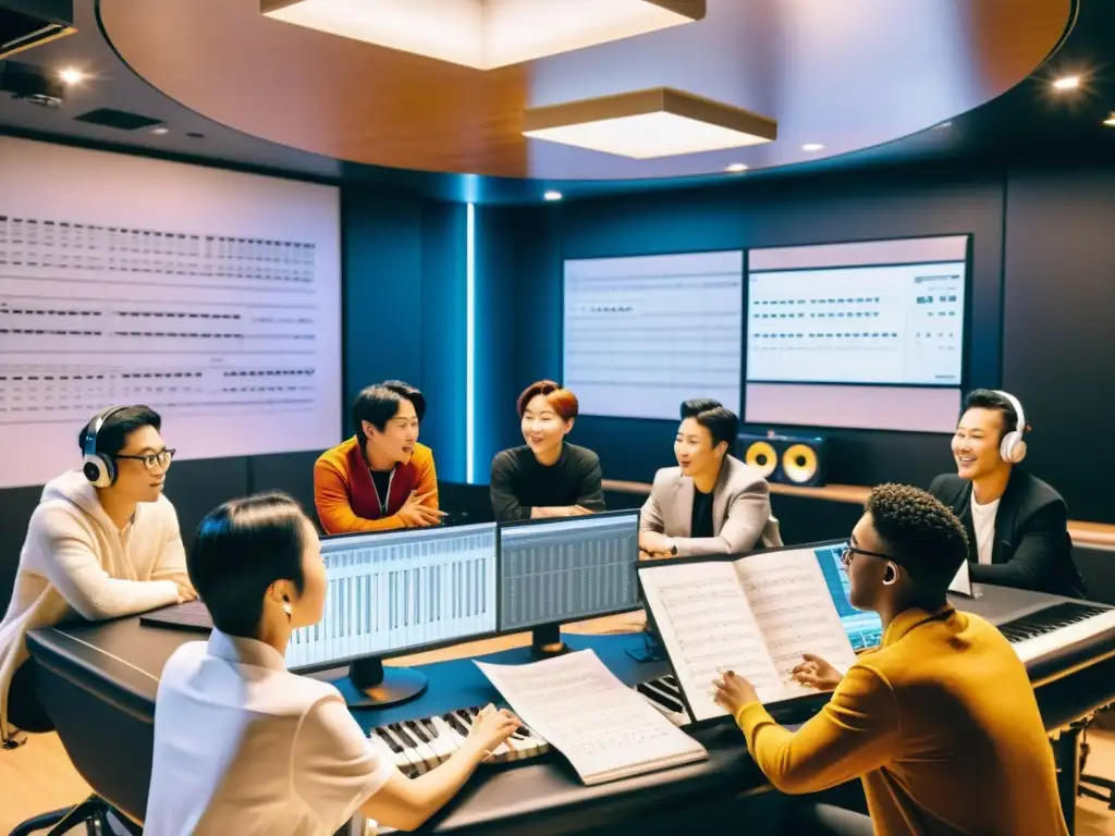 Una imagen detallada de compositores y coreógrafos internacionales colaborando con artistas de Kpop en un estudio de grabación de última generación