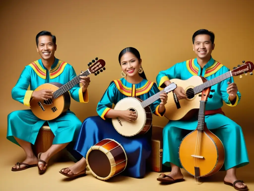 Imagen detallada de un conjunto de música folclórica filipina, con instrumentos tradicionales como la bandurria, octavina y guitarra, músicos coloridos y energía vibrante