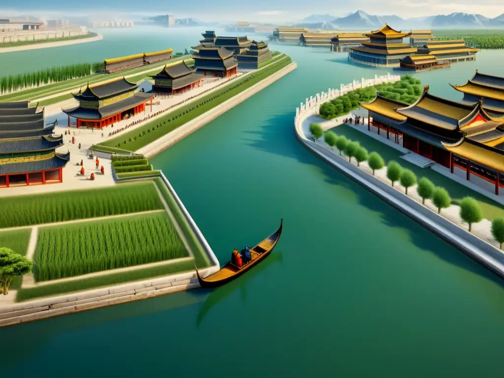 Imagen detallada de la construcción del Gran Canal durante la Dinastía Sui, unificando China y mostrando su impacto en el arte y la economía