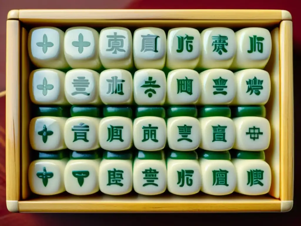 Una imagen detallada y cuidadosa de un juego de fichas de mahjong vintage, resaltando la artesanía y los detalles de las fichas