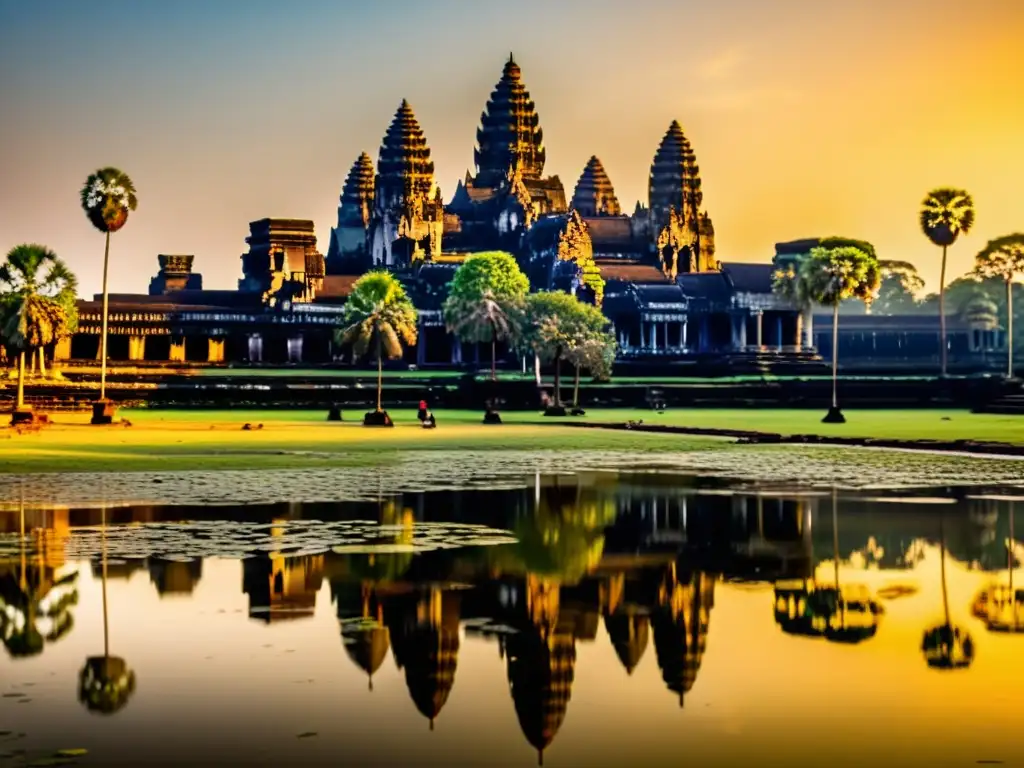 Imagen detallada de Angkor Wat al amanecer, con detalles arquitectónicos y cálida luz dorada