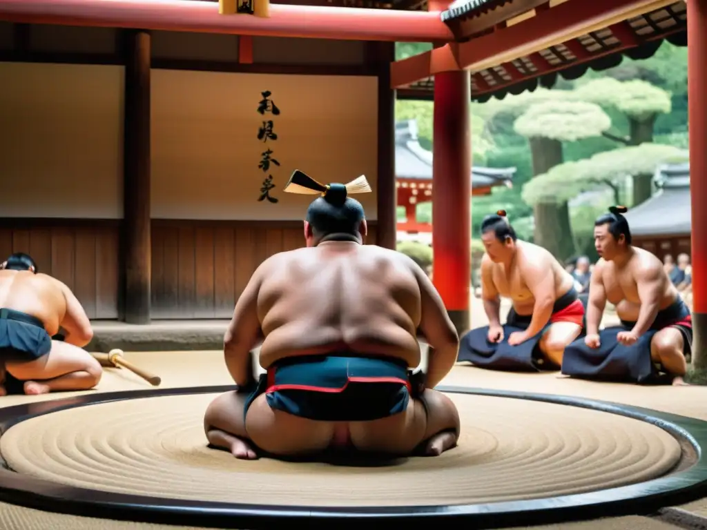 Imagen 8k detallada de un emocionante combate de Sumo en un santuario Shinto, con los luchadores realizando la ceremonia ritual