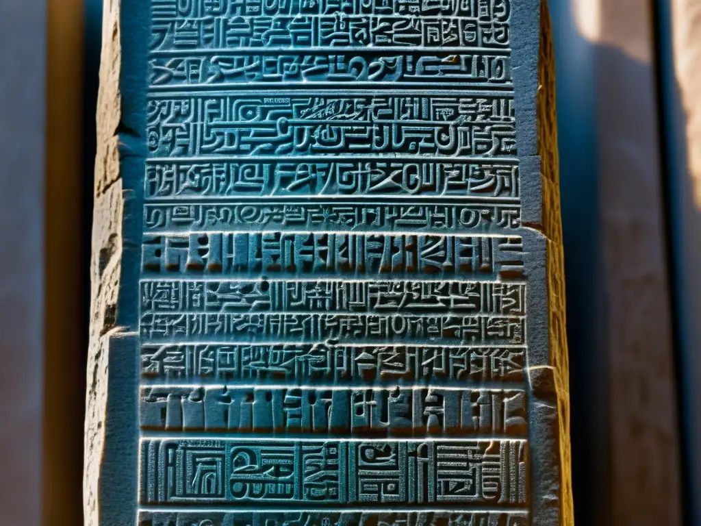 Una imagen detallada de la estela inscrita con el Código de Hammurabi, cuneiforme antiguo destacado en la piedra