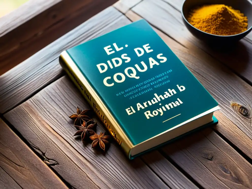 Una imagen detallada y evocadora de 'El dios de las pequeñas cosas' de Arundhati Roy, rodeado de especias y una sari, iluminado con luz cálida