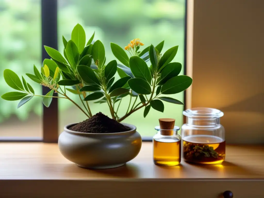 Una imagen detallada de una exuberante planta de astrágalo, rodeada de herramientas de medicina tradicional china, bañada por una suave luz que realza su belleza natural