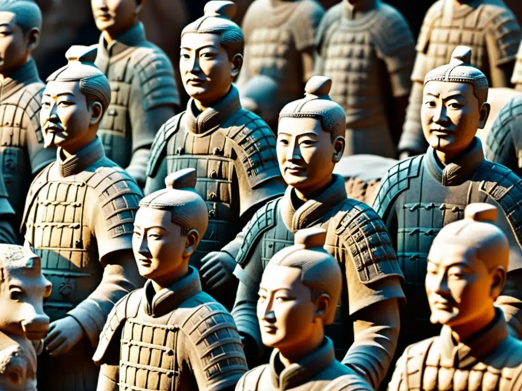 Una imagen detallada de la famosa Terracota Army de la antigua China, destacando la artesanía y la escultura en la China Antigua