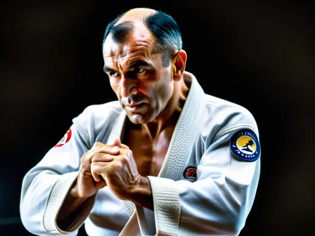 Imagen detallada de Helio Gracie ejecutando técnica de jiu-jitsu con precisión y enfoque